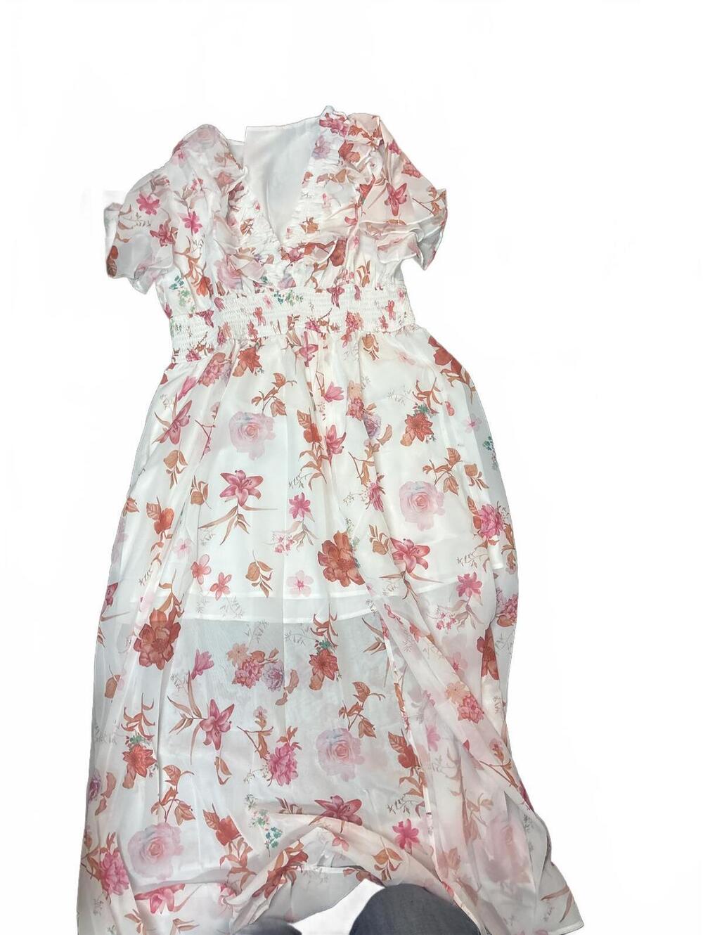 Women Floral Chiffon High-Low Dress Ruffle V-Neck Smocked Waist Summer Maxi